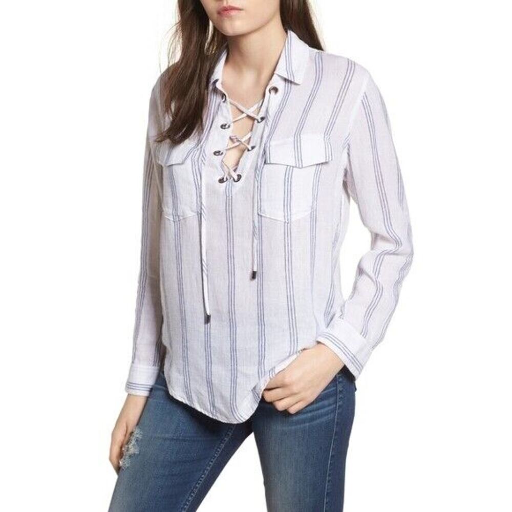 Rails Matea Stripe Lace-up linen blend Top in Flamenco Stripe